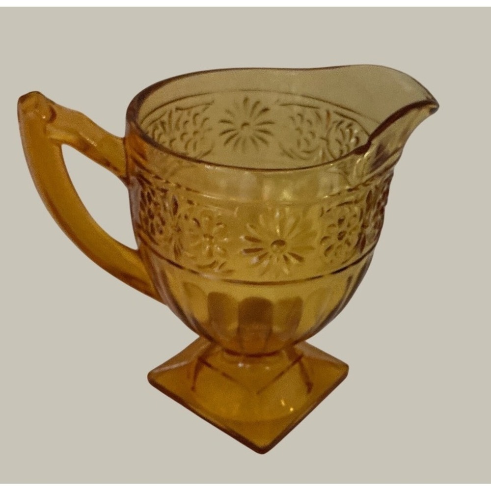 Tiara Vintage Amber Glass Creamer Sandwich Pattern Floral Square Base Small